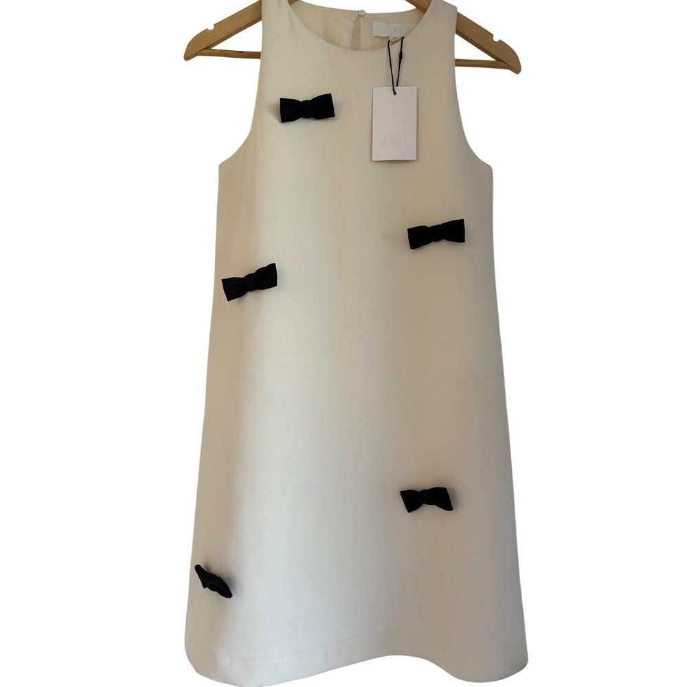 Zara NWT Girl's 13-14 Years Cream Sleeveless Bow Shift Dress Mod Style